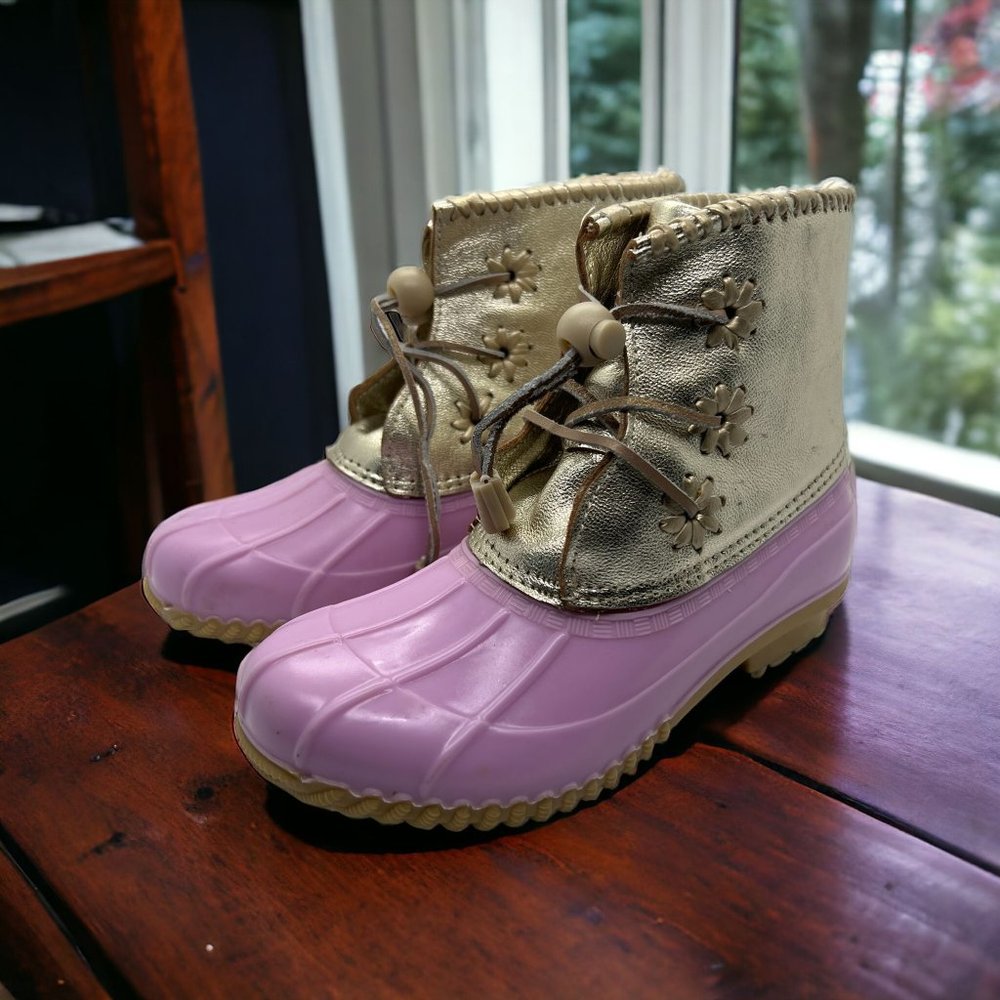 Jack Rogers Chloe Duck Boots Girls Pink Gold Pull Laces Size 2